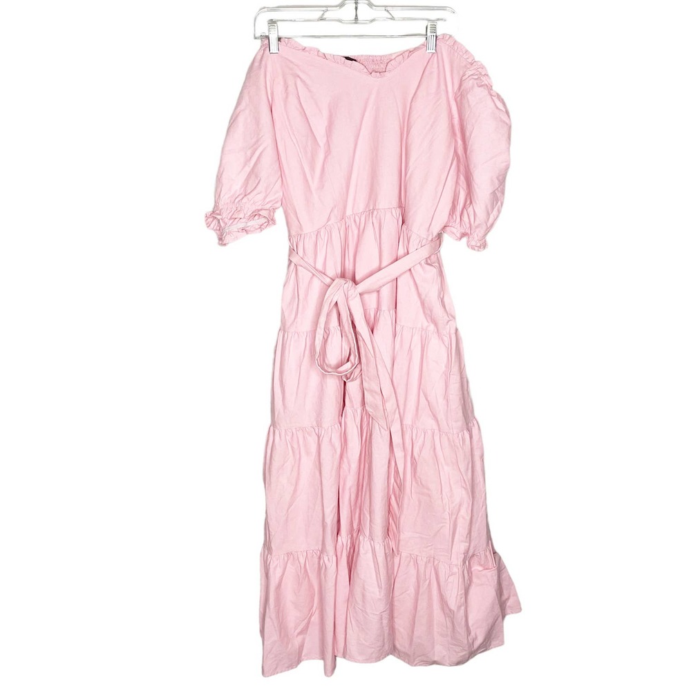 CCX City Chic Tiered Maxi Dress Puff Sleeve Pleated 100% cotton Pink Size 22